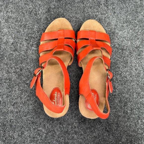 Clarks Platform Wedge Sandals Women's Size 10 Redish Orange Leather Buckle Shoes - Picture 8 of 12